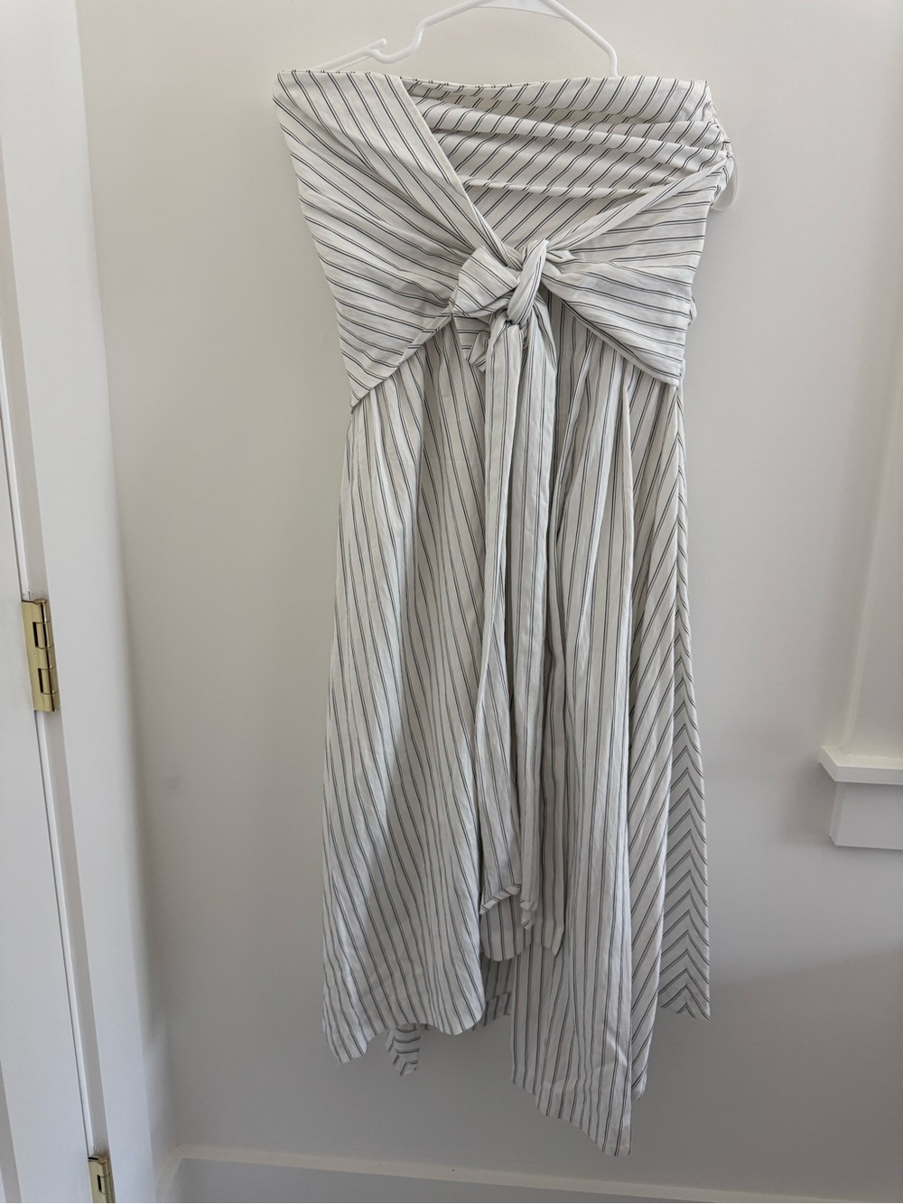 Anthropologie Strapless Midi Dress in White and Gray Pinstripes